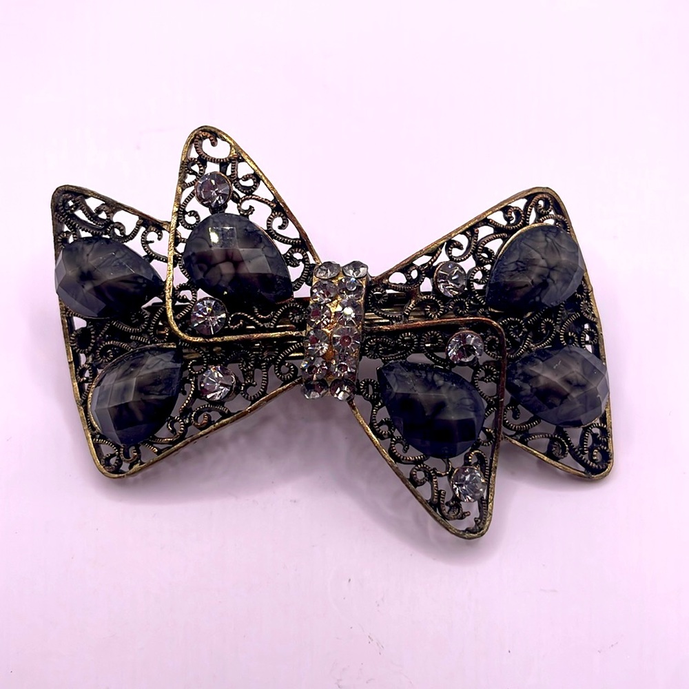 Vintage Gold Tone Black Bow Rhinestone Hair Barrette